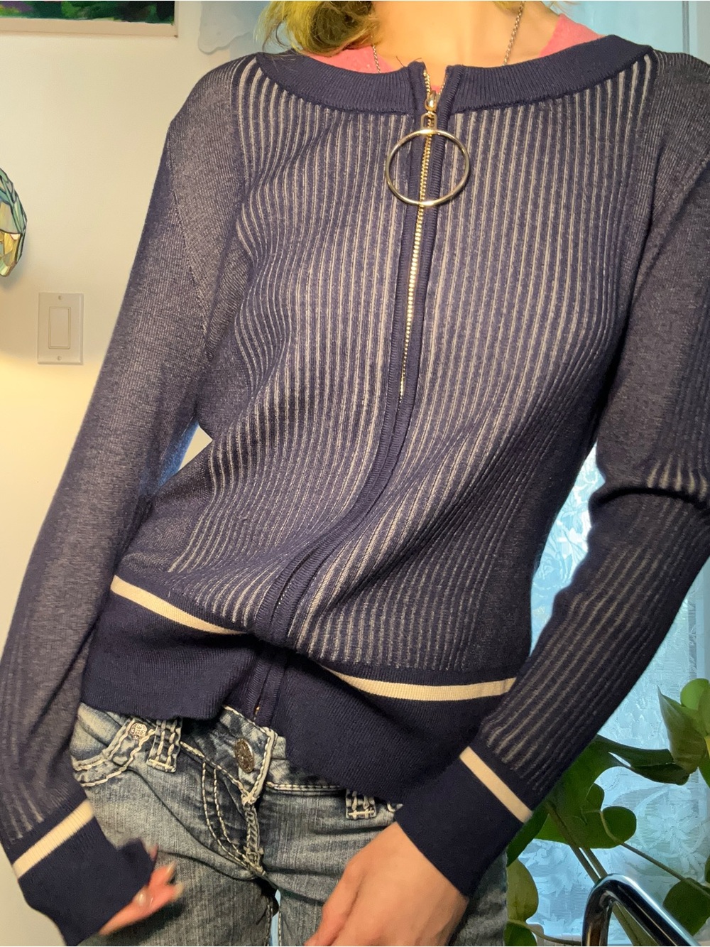 Ribbed Navy Cardigan with O-Ring Zipper
